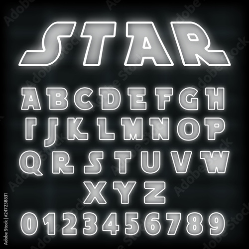 Alphabet font template, white neon line design. Set of futuristic letters and numbers