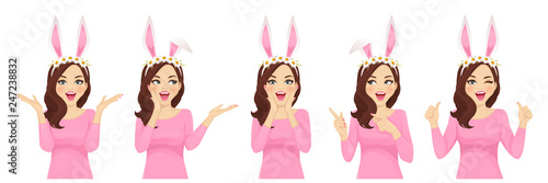 Surprised easter woman in bunny headband collection isolated vector illustration