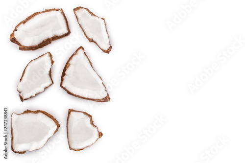 piece of coconut isolated on white background with copy space for your text. Top view. Flat lay