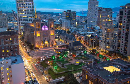 Huntington Park and Grace Cathedral in San Francisco aerial view at evening time photo