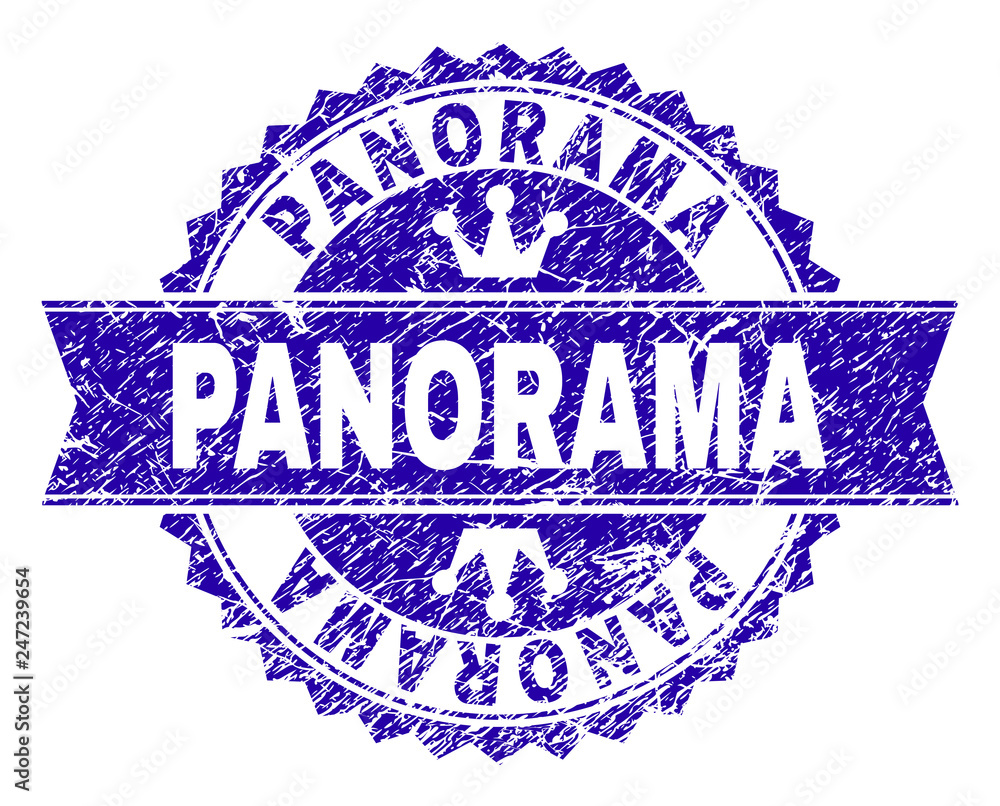 PANORAMA rosette stamp seal watermark with distress style. Designed with round rosette, ribbon and small crowns. Blue vector rubber watermark of PANORAMA caption with retro style. PANORAMA rosette stamp seal watermark with distress style. Designed with round rosette, ribbon and small crowns. Blue vector rubber watermark of PANORAMA caption with retro style.