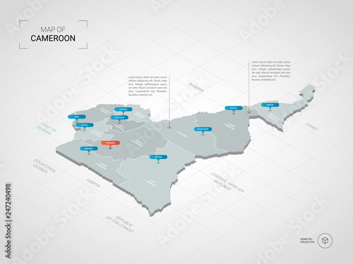 Isometric 3D Cameroon map. Stylized vector map illustration with cities, borders, capital, administrative divisions and pointer marks; gradient background with grid.