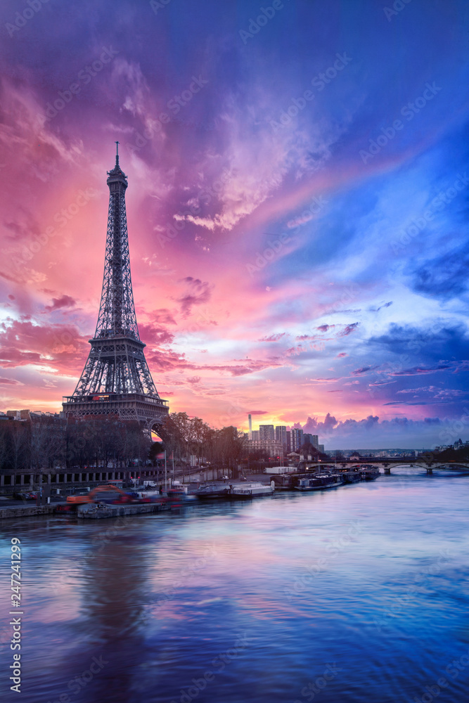 Photo & Art Print Sunset over the Seine river near Eiffel tower in Paris,  France