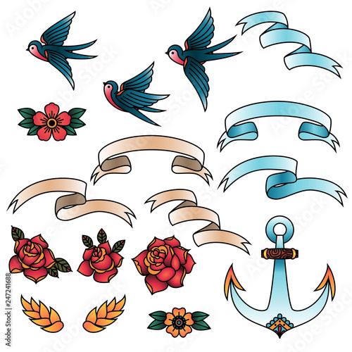 Oldschool Traditional Tattoo Vector Elements. Birds, flowers, ribbons.