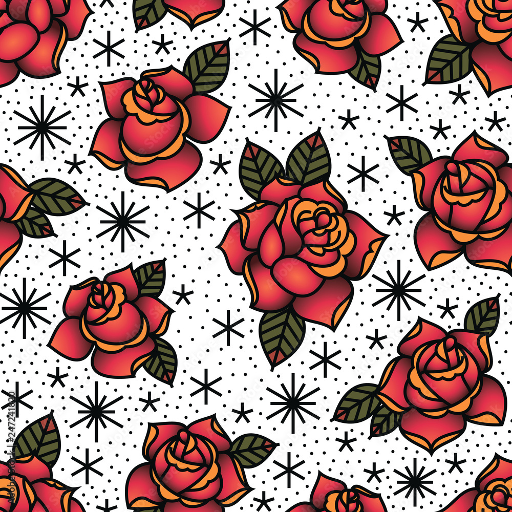 Oldschool Traditional Tattoo Vector Red Roses Seamless Pattern Векторный объект Stock