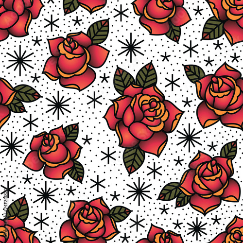 Oldschool Traditional Tattoo Vector Red Roses Seamless Pattern