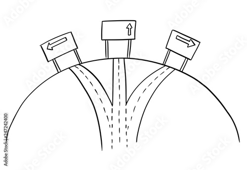 Artistic drawing of conceptual three way or road crossroad with directional highway arrow signs. Concept of options and decision.