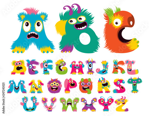 Cartoon children cute and funny monster alphabet