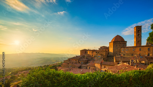 Tuscany, Volterra town skyline, church and panorama view on sunset. Italy