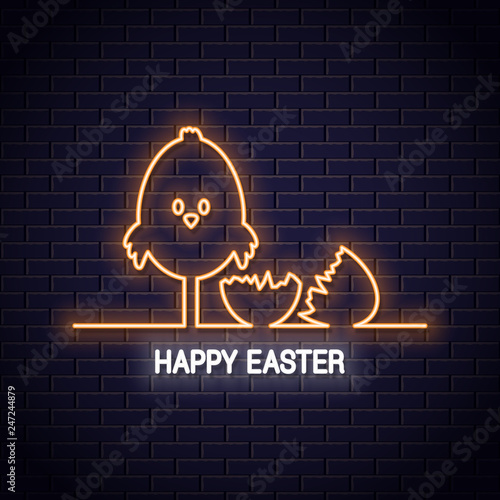 Easter neon sign. Happy easter neon chick