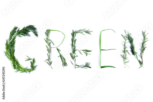 Word Green with green herbs. Dill, rosemary and green onions on a white background. The word Green is isolated. Letters from natural products. Lettering