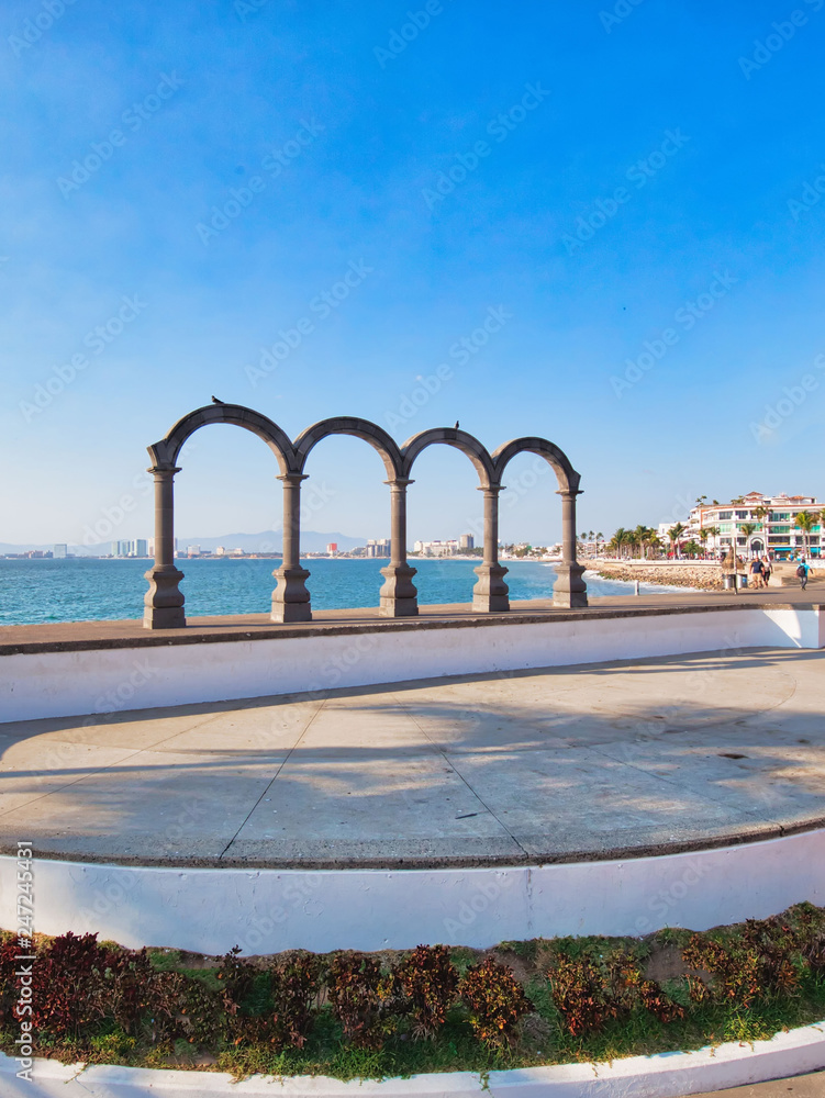 Puerto Vallarta, Mexico-20 April, 2018: Famous Puerto Vallarta sea promenade (Malecon)