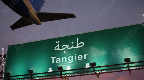 Airplane Take off Tangier during a wonderful sunrise