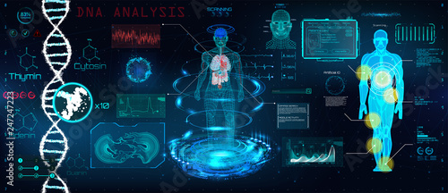 Healthcare futuristic scanning in HUD style design, Human body, organs and brain scan with pictures. Hi-tech elements. Virtual graphic touch HUD UI with illustration of DNA formula and data chart