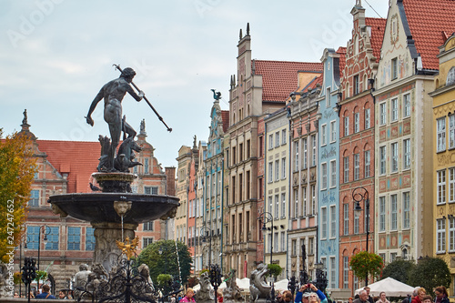 Neptune's fountain in the center of Gdansk, Poland