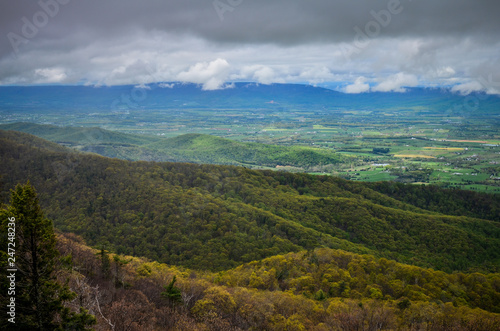 Overlook of the Blue Ridge Mountains valley below, along Skyline Drive in Shenandoah National Park in Virginia on a spring day