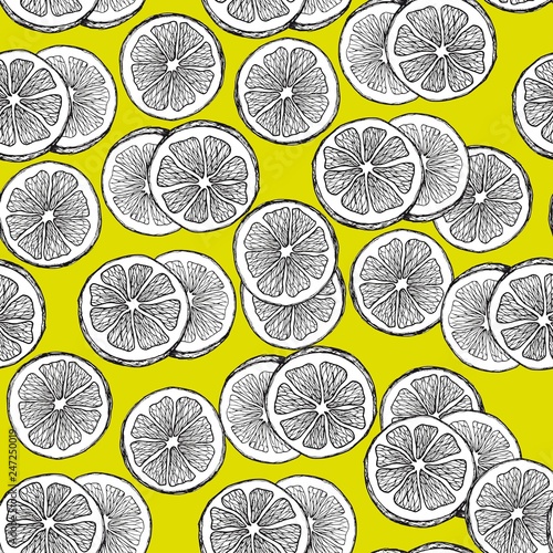 Seamless pattern with lemon slices. Hand drawn vector on lemon yellow background. © JeannaDraw