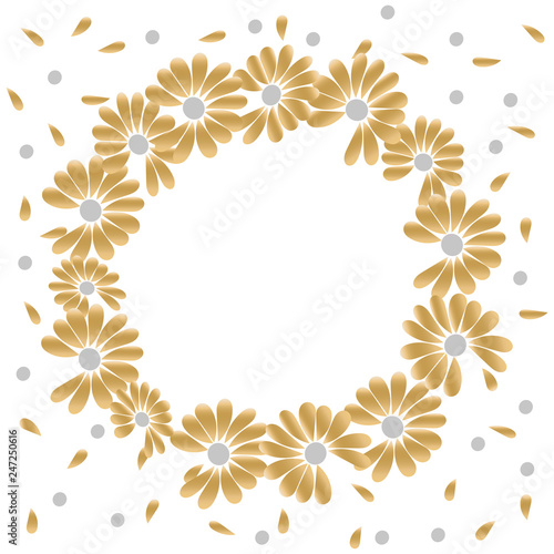 Golden round frame for romantic decoration design. Round wreath of daisy flowers. Vector isolated illustration.