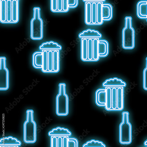 Seamless pattern  texture abstract neon bright glowing flashing blue from icons for bar from bottles and glasses of craft beer and copy space on black background. Vector illustration