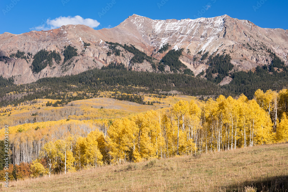 The Sneffels Mountain Range in early Autumn viewed from the Last Dollar Road along the Dallas Divide, Colorado. The mountains are within the Uncompahgre National Forest in South Western Colorado. 
