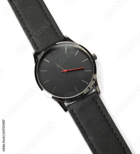 Stylish wrist watch on white background. Fashion accessory