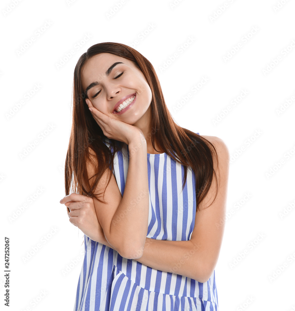 Portrait of young woman laughing on white background Portrait of young woman laughing on white background