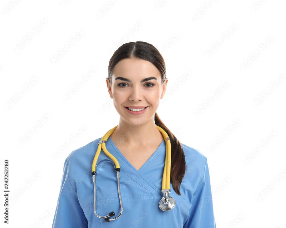 Portrait of medical assistant with stethoscope on white background Portrait of medical assistant with stethoscope on white background