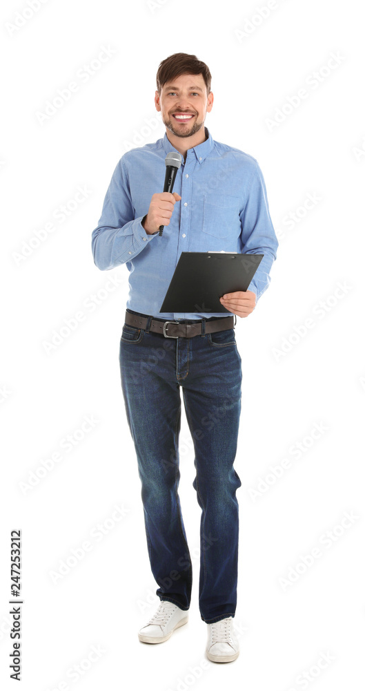 Handsome man with microphone and clipboard on white background Handsome man with microphone and clipboard on white background