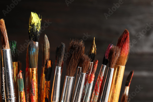 Different paint brushes on dark background, closeup
