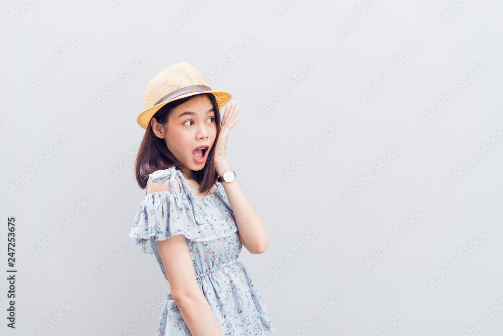 Young girl happy smile and cheerful in blue dress. Concept summer travel. Young girl happy smile and cheerful in blue dress. Concept summer travel.