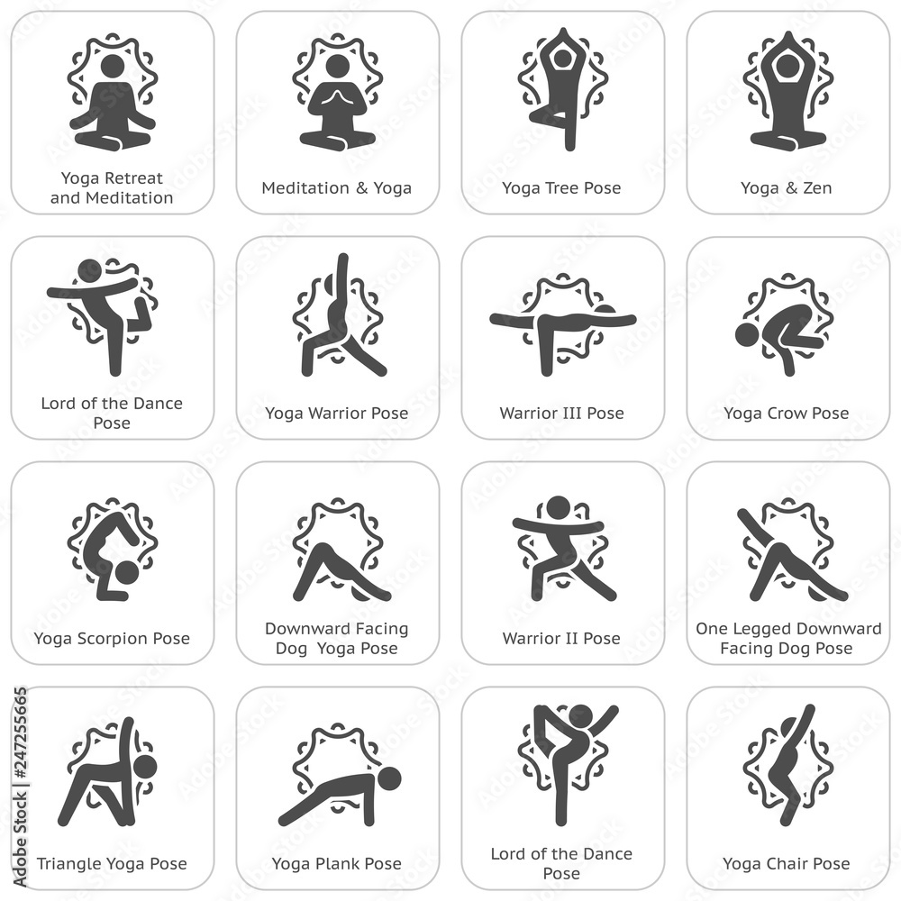 Yoga Fitness and Meditation Icon Set. Flat Design Isolated Illustration. Yoga Fitness and Meditation Icon Set. Flat Design Isolated Illustration.