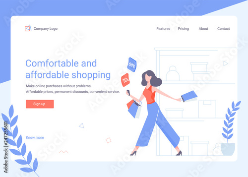The girl is shopping. In the hands of packages with goods and a mobile phone. Happiness, online shopping, discounts. Hero image site template.