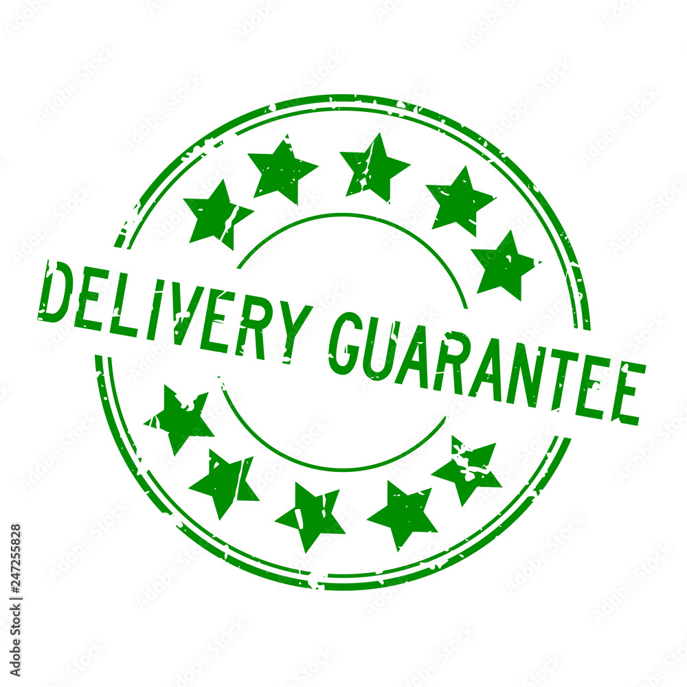 Grunge green delivery guarantee word with star icon round rubber seal stamp on white background