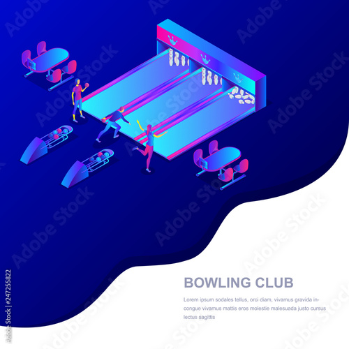 Bowling club vector 3d isometric illustration. People playing bowling. Sport competition and leisure activity concept.