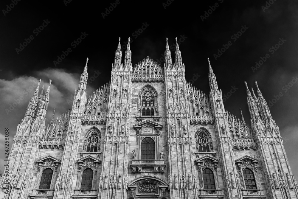 Beautiful Milan Cathedral gothic facade and pinnacles, the symbol of the city (Black and White)