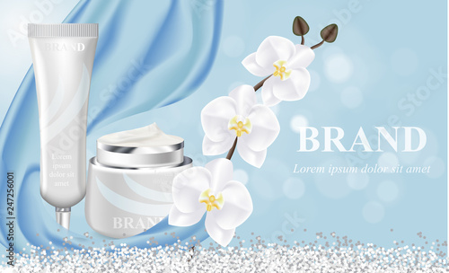Cosmetic banner with 3d realistic bottles for skincare cream, body lotion, poster template mockup for promoting your brand. Beauty product concept. Containers and tubes decorated with orchid flower