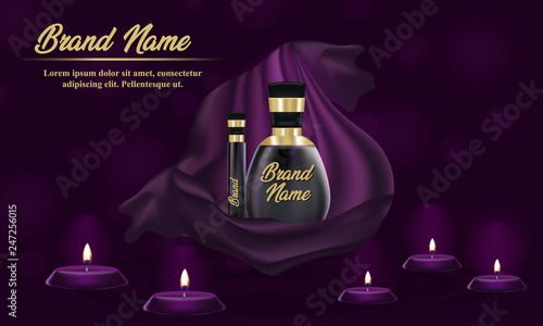 Cosmetic banner with 3d realistic bottles for premium skincare cream, body lotion, poster template mockup for promoting your brand. Beauty product concept. Containers and tubes decorated on luxery