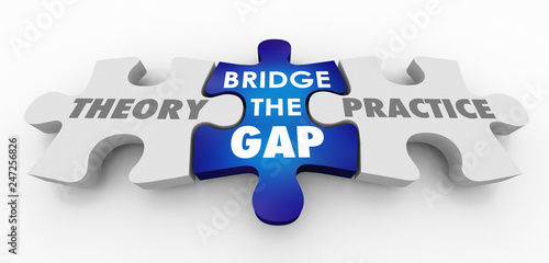 Theory Vs Practice Bridge the Gap Puzzle Pieces 3d Illustration photo