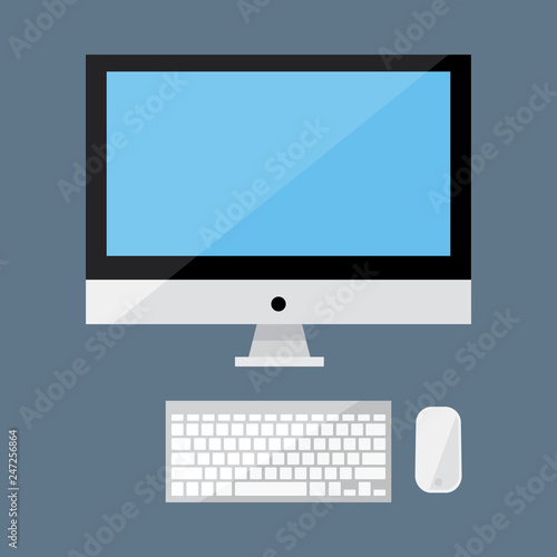 Realistic display concept, screen computer, keyboard & mouse icon, electronic devices flat design graphic vector for app ads web banner ui ux interface element isolated on white background