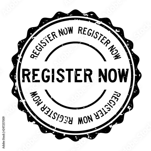 Grunge black register now word round rubber seal stamp on white background
