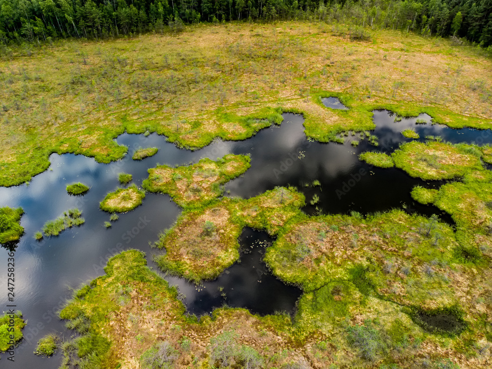 Naklejka premium Aerial view of Varnikai cognitive walking way, leading through the most beautiful places of the Varnikai preserve, located near Trakai, Lithiania.