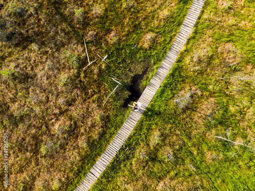 Aerial view of Varnikai cognitive walking way, leading through the most beautiful places of the Varnikai preserve, located near Trakai, Lithiania.