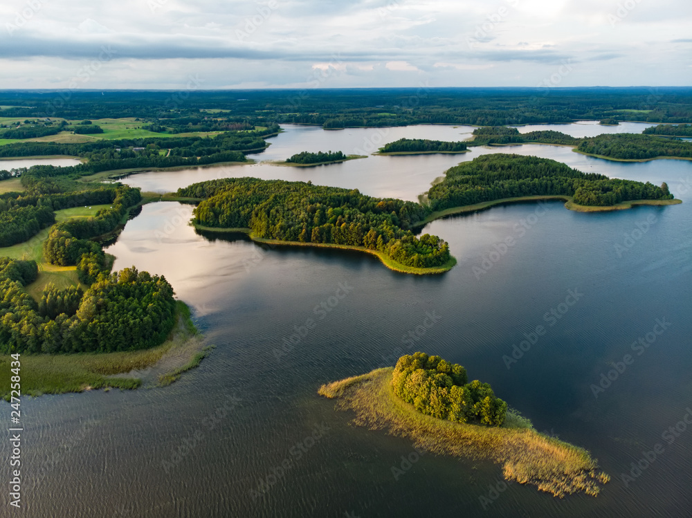 Beautiful aerial view of Moletai region, famous or its lakes. Scenic summer evening landscape in Lithuania.