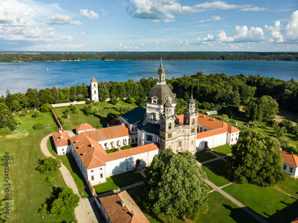 Aerial view of Pazaislis Monastery and Church, the largest monastery complex in Lithuania, located on a peninsula in Kaunas Reservoir. - obrazy, fototapety, plakaty 