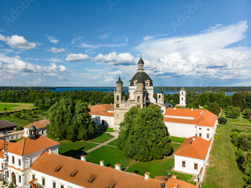 Aerial view of Pazaislis Monastery and Church, the largest monastery complex in Lithuania, located on a peninsula in Kaunas Reservoir.