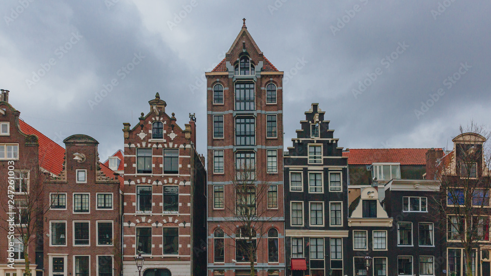 Facade of houses in downtown Amsterdam, the Netherlands