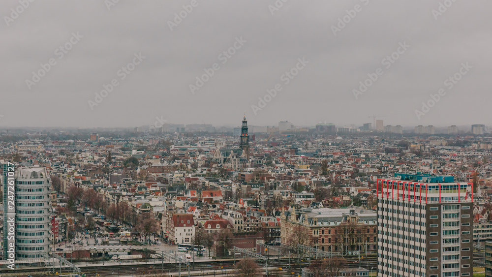 View of downtown Amsterdam in a rainy day, in Amsterdam, the Netherlands