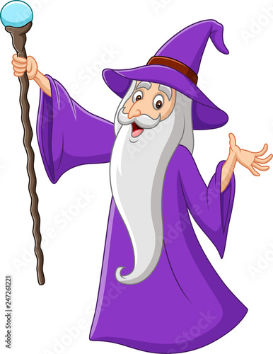 Cartoon old wizard holding magic stick