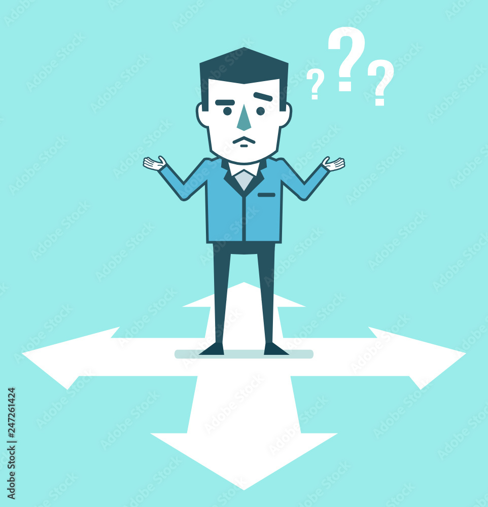 Confused businessman stands at crossroads and thinks where to go. Choose business direction, planning. Simple style vector illustration Confused businessman stands at crossroads and thinks where to go. Choose business direction, planning. Simple style vector illustration