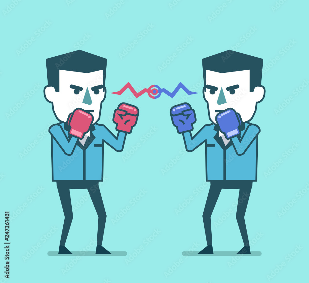Businessmen with boxing gloves ready to fight. Business rivalry, competition concept. Simple style vector illustration